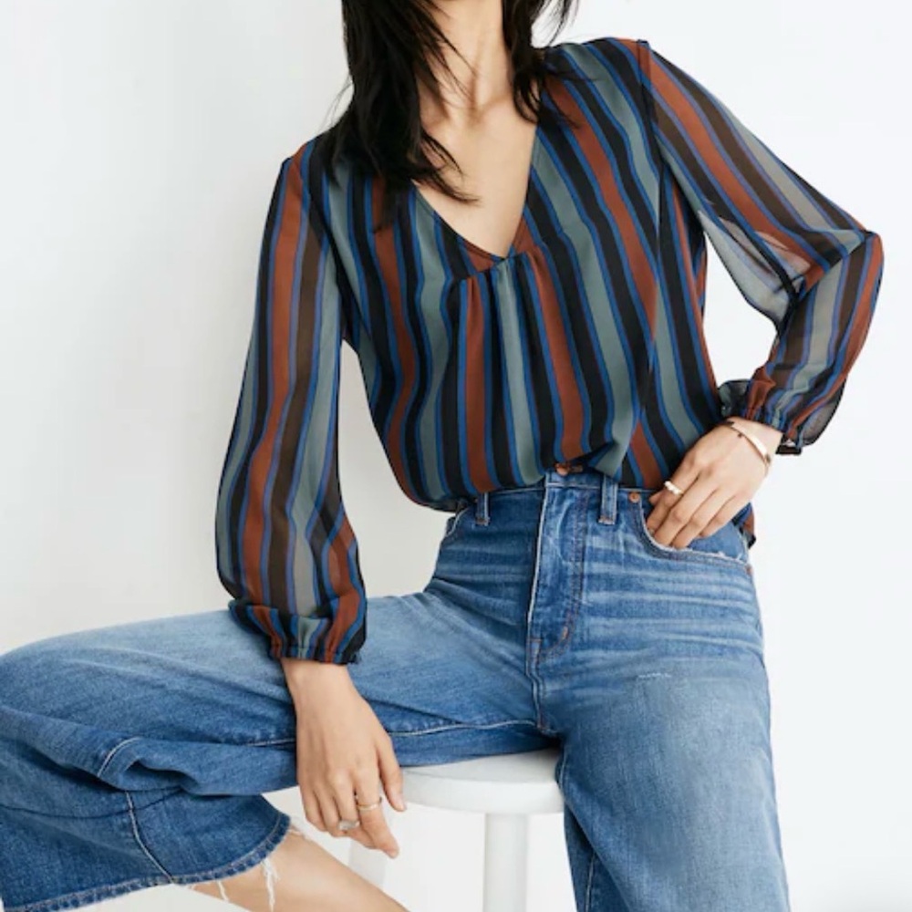 Madewell Sheer Sleeve Top Blouse in Academy Stripe Green Black Size Medium